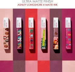 Maybelline Superstay Langhoudende Lippenstift - Matte Ink X Ashley Longshore - 95 Visionary - Paars - Limited Edition -Mode-Cosmetica Winkel 1200x1163